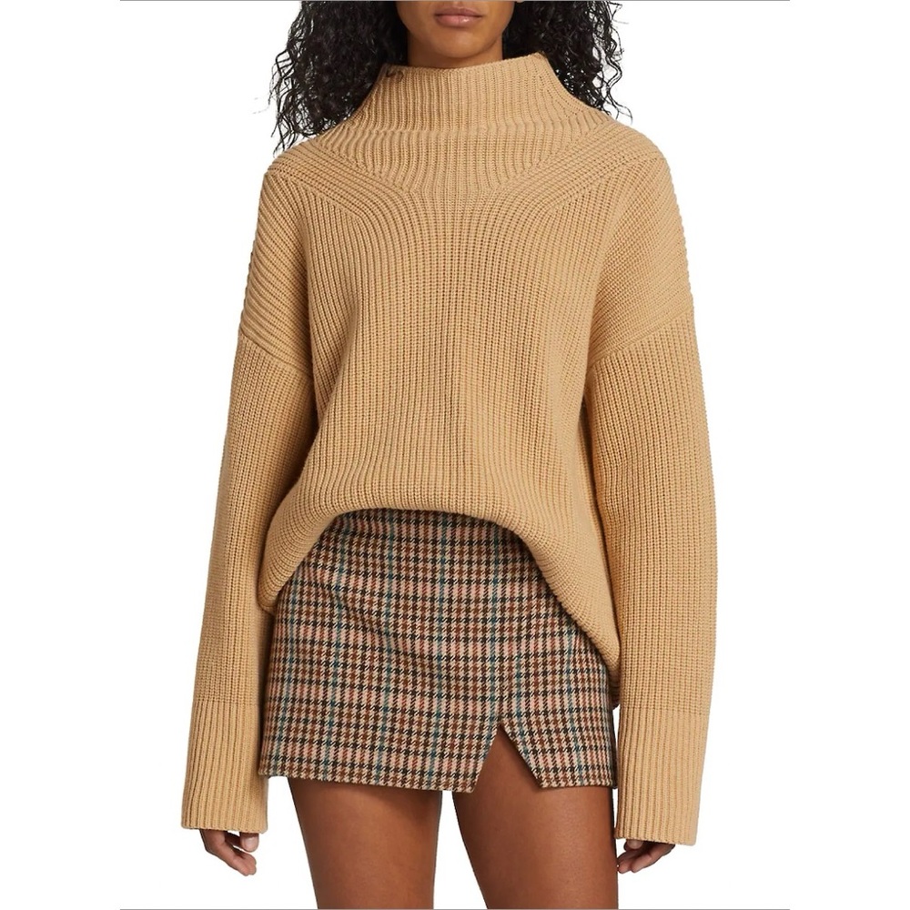 A.L.C. Louise Sweater (Sz S) Mock Neck Ribbed Merino Wool Camel